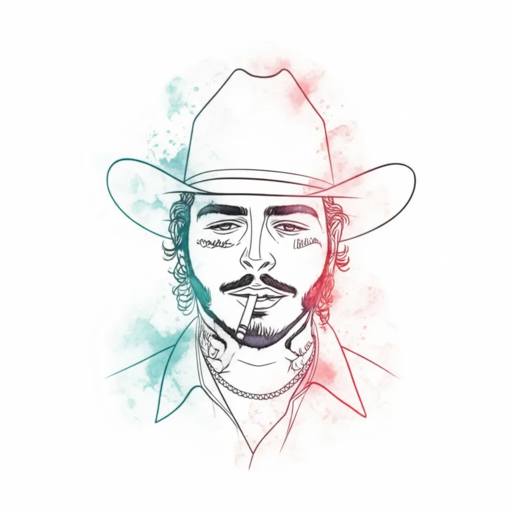 Post Malone Watercolor Tattoo: No Face Outline with Cowboy Hat