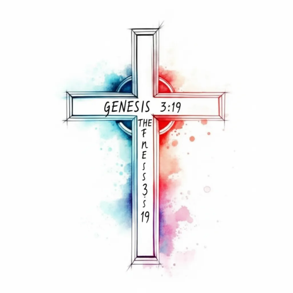 Watercolor Cross Tattoo with Genesis 3:19 Bible Verse Watercolor Cross Tattoo with Genesis 3:19 Bible Verse