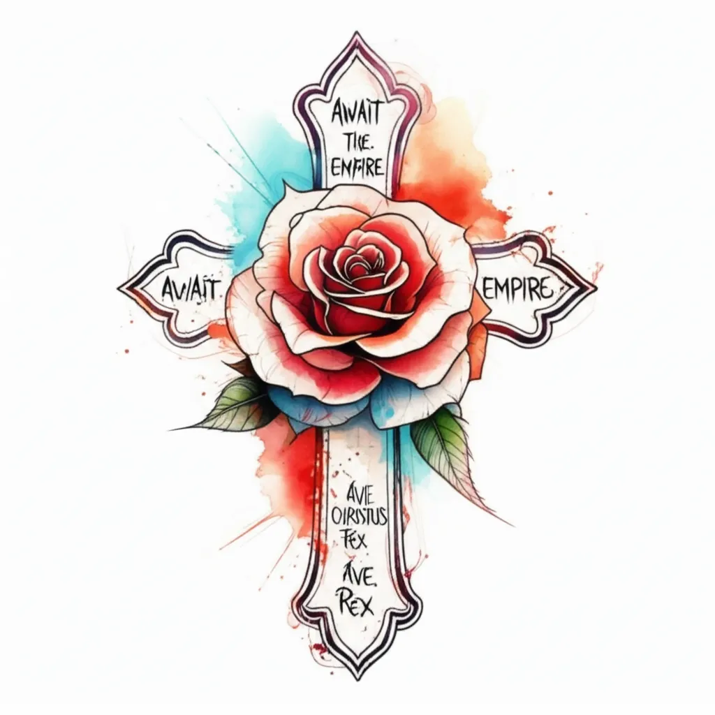 Watercolor Rose Cross Tattoo with Latin Script: 'Await the Empire, Ave Christus Rex'