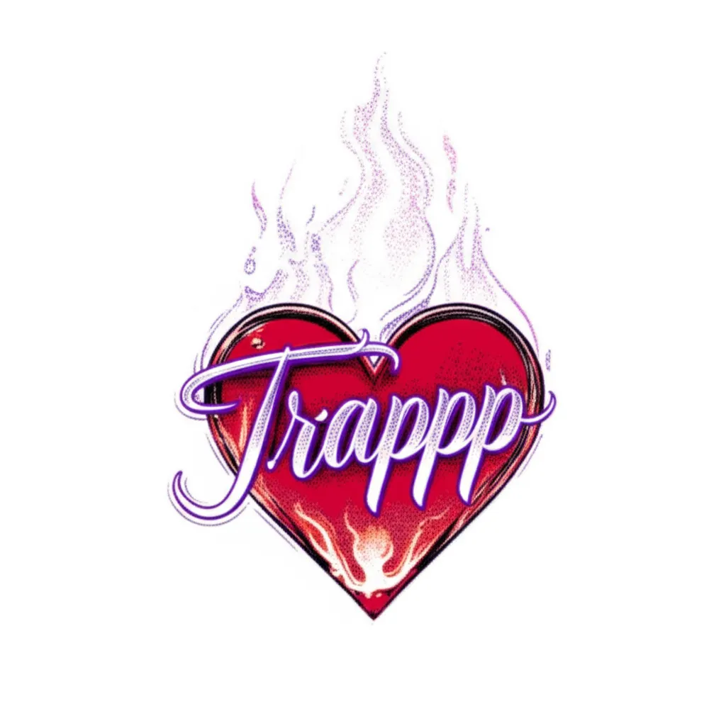 Trapp Name Tattoo in Purple and Red Flaming Heart - Fine Line Style Trapp Name Tattoo in Purple and Red Flaming Heart - Fine Line Style