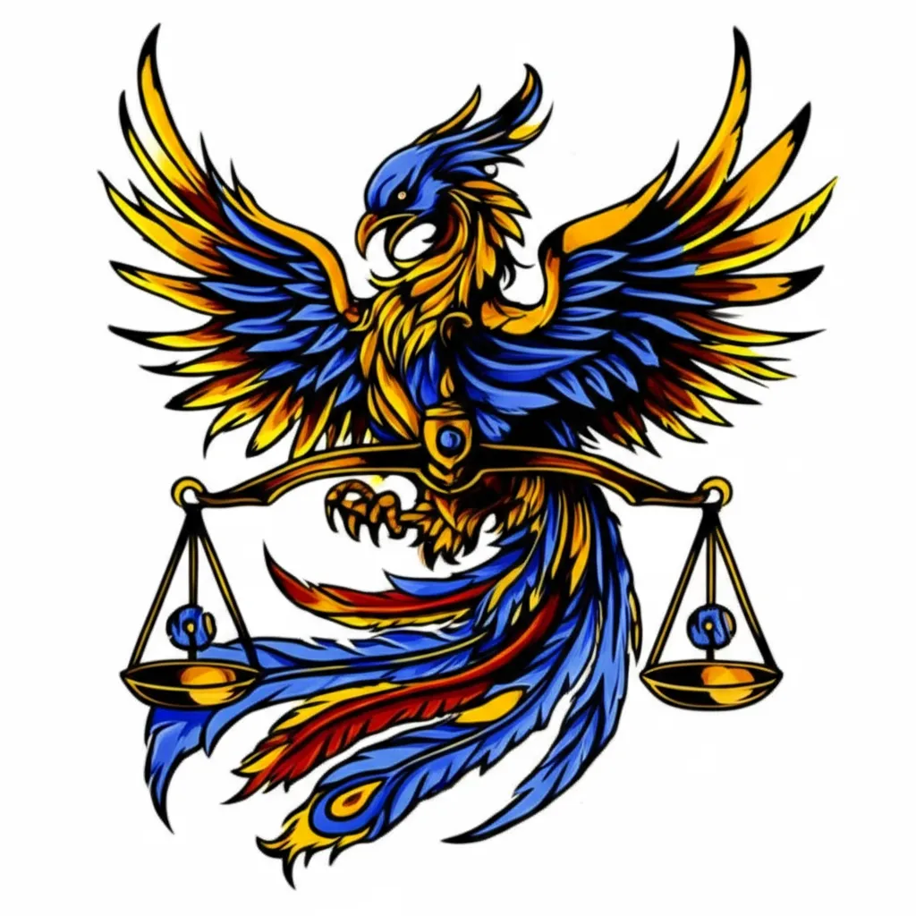 Blue and Yellow Phoenix Libra Scale Anime Tattoo Design