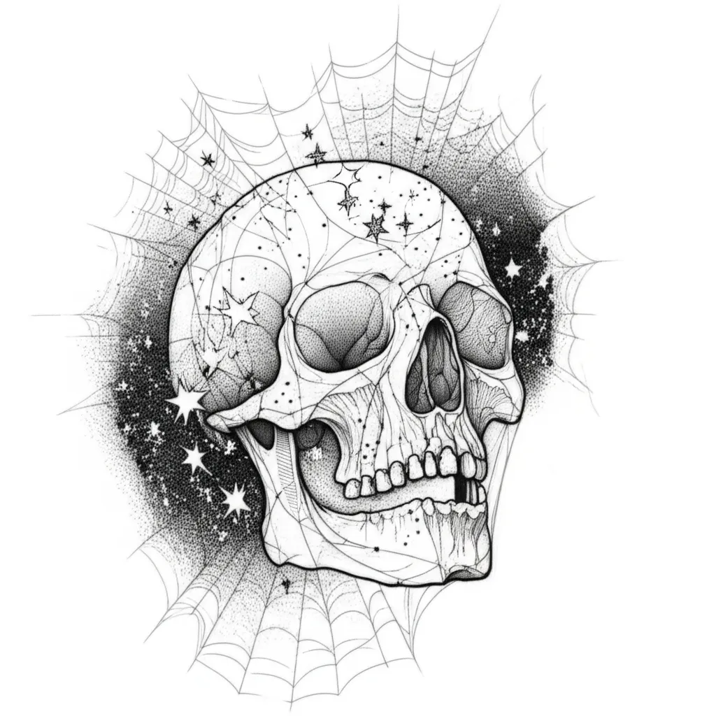 Melting Skull with Stars and Spiderweb Fine Line Tattoo