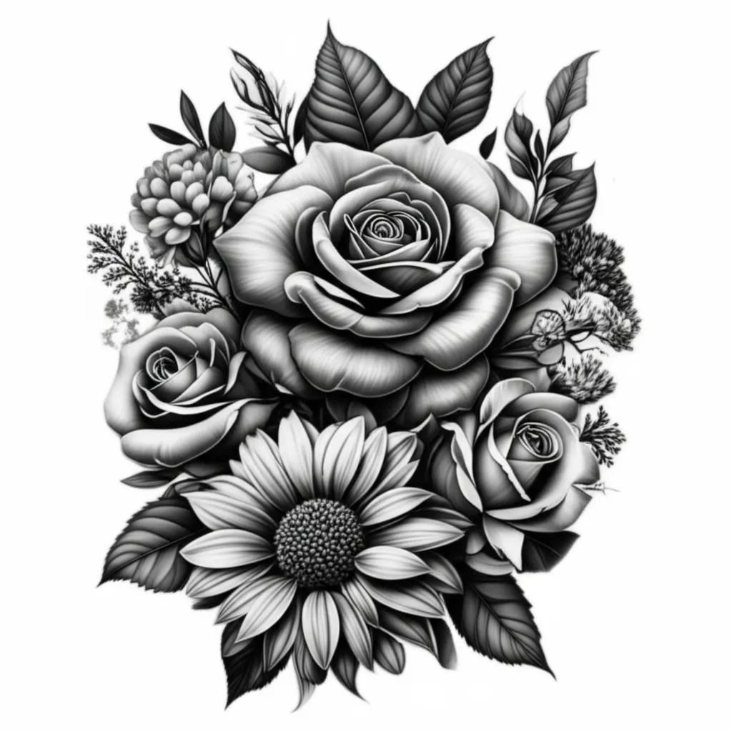 Realistic Black Outline Flower Tattoo: Poinsettia, Roses & Daisies Realistic Black Outline Flower Tattoo: Poinsettia, Roses & Daisies