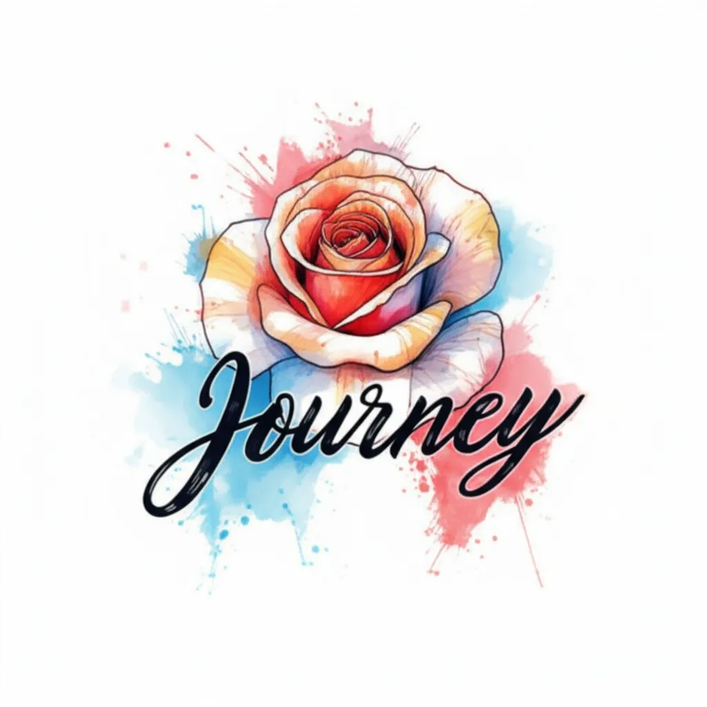 Watercolor Rose Tattoo with 'Journey' Name Inscription
