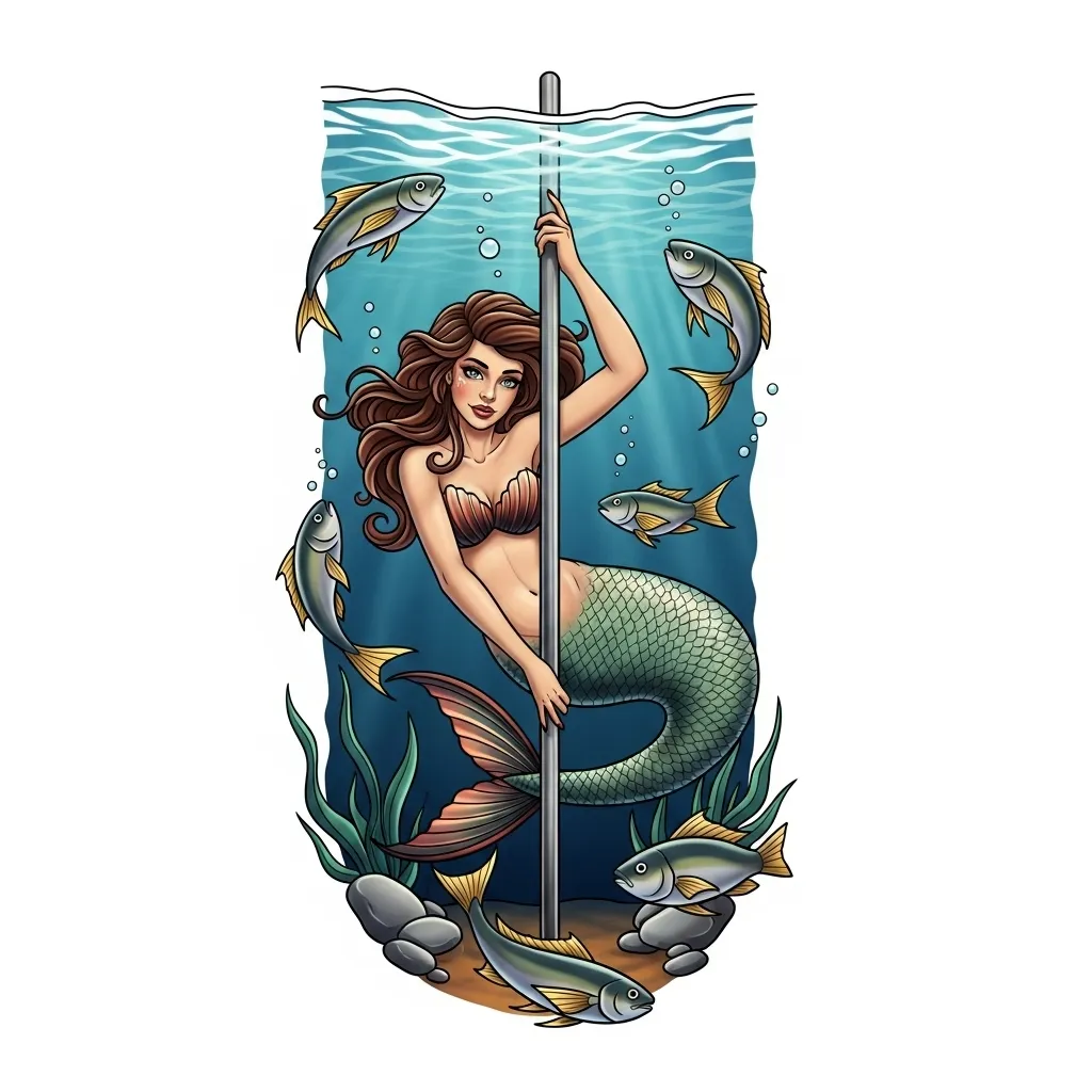 Mermaid Stripper Pole Neo-Traditional Tattoo Design