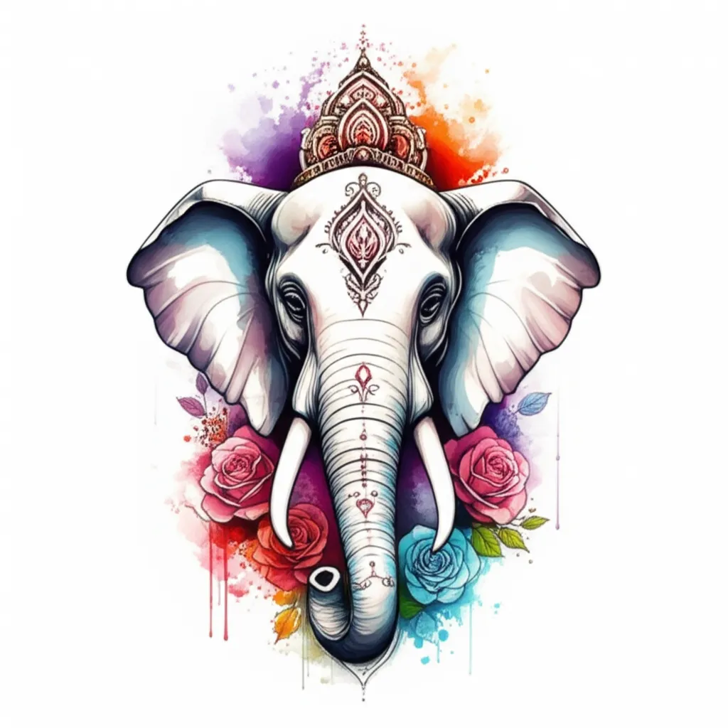 Watercolor Mandala Buddha Elephant Tattoo with Roses