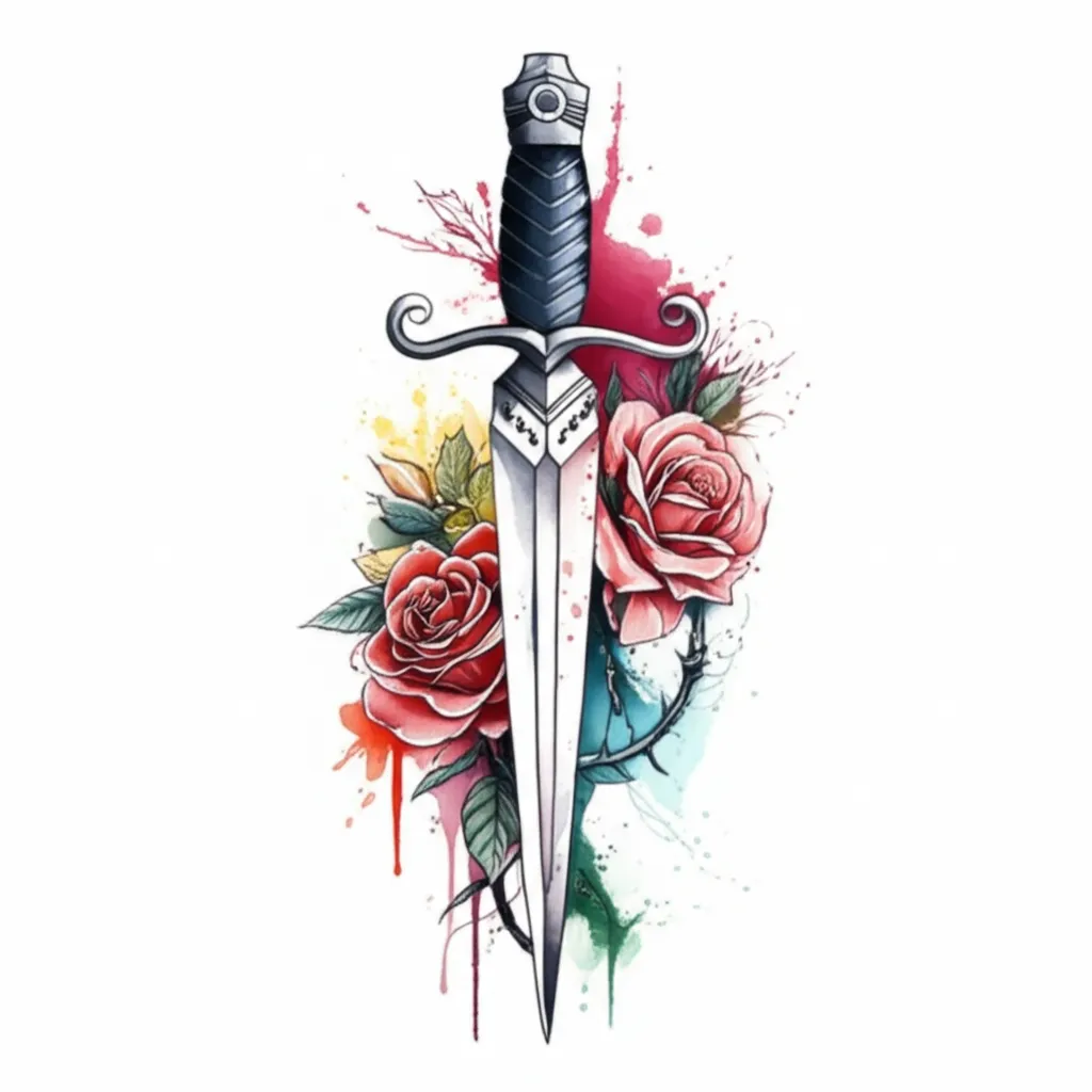Watercolor Dagger Tattoo with Roses and Thorns - Meaning & Designs Watercolor Dagger Tattoo with Roses and Thorns - Meaning & Designs