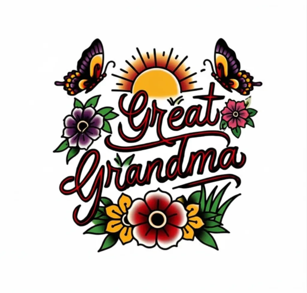 Great Grandma Tattoo: American Traditional Design with Flowers & Butterflies Great Grandma Tattoo: American Traditional Design with Flowers & Butterflies