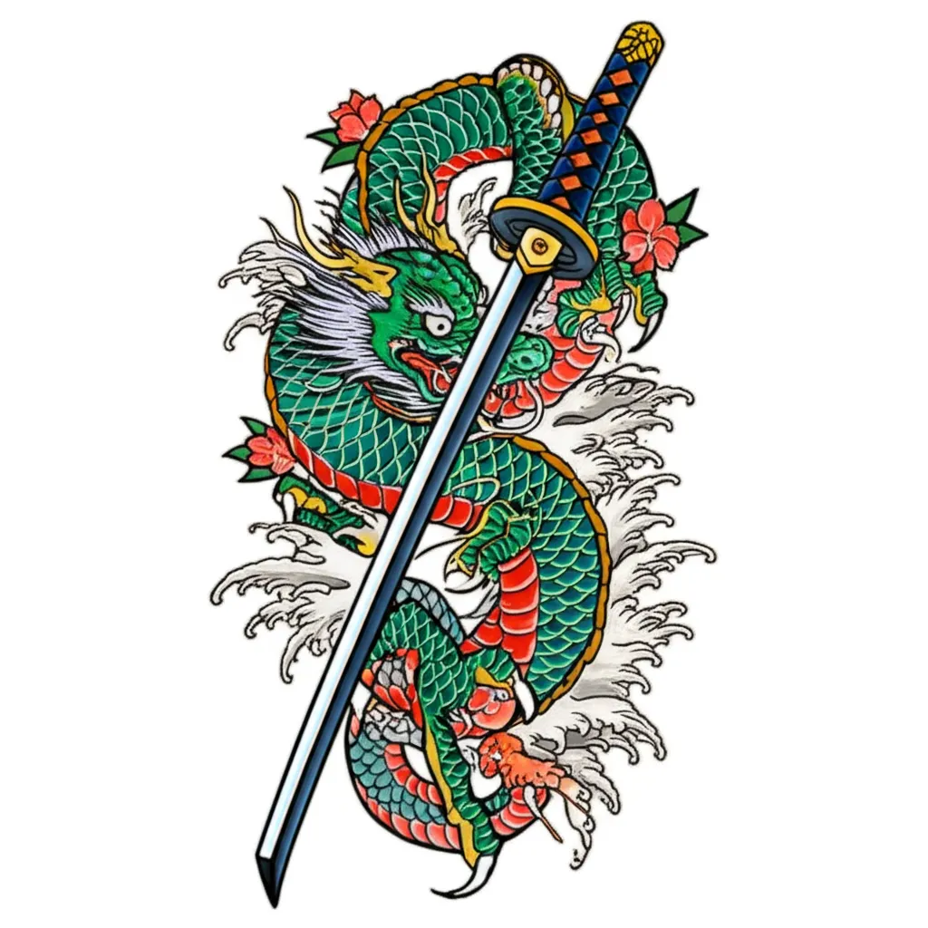 Dragon Wrapped Around Katana Japanese Tattoo Design