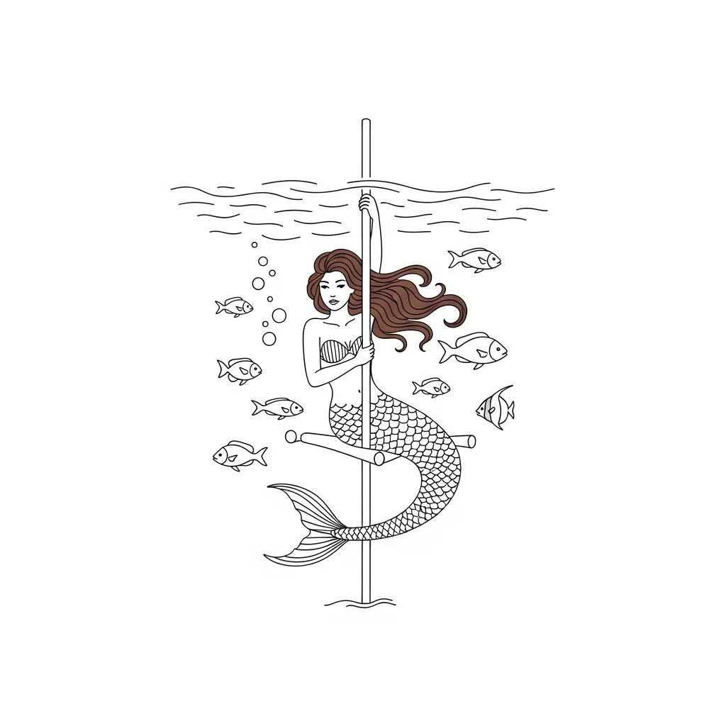 Minimalist Mermaid Stripper Pole Tattoo Design