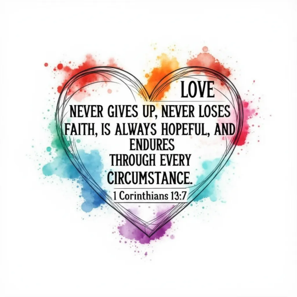 Watercolor Heart Tattoo with 1 Corinthians 13:7 Verse