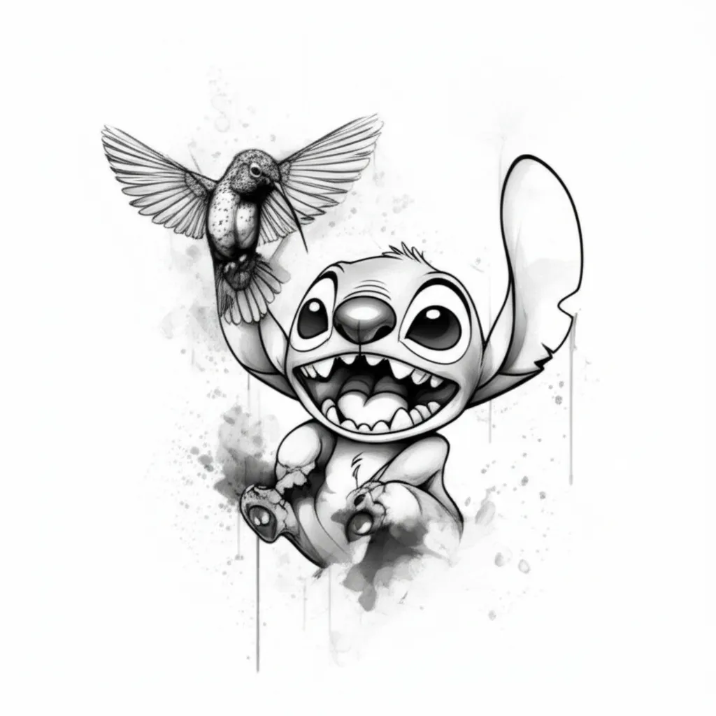 Stitch and Hummingbird Tattoo: Watercolor Design