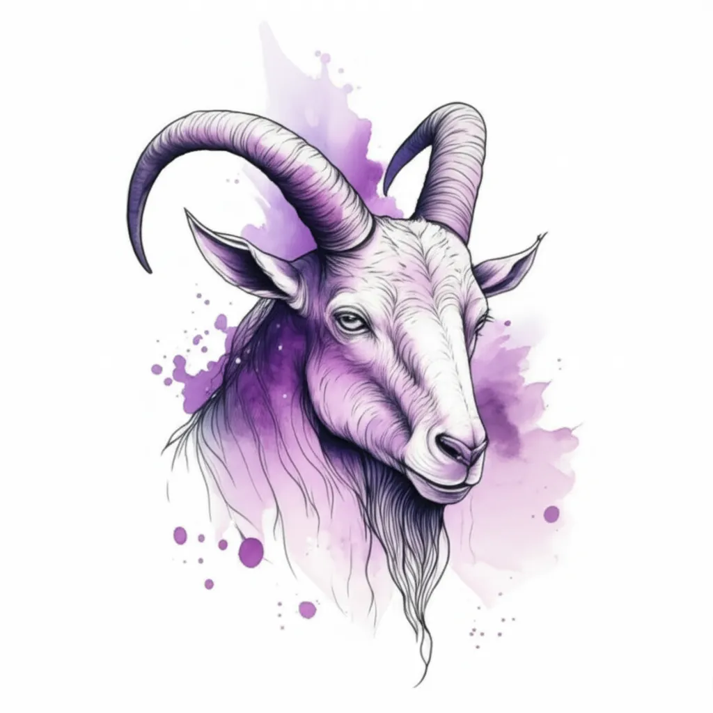 Watercolor Capricorn Devil Tattoo with Lilacs and Purple Hues Watercolor Capricorn Devil Tattoo with Lilacs and Purple Hues