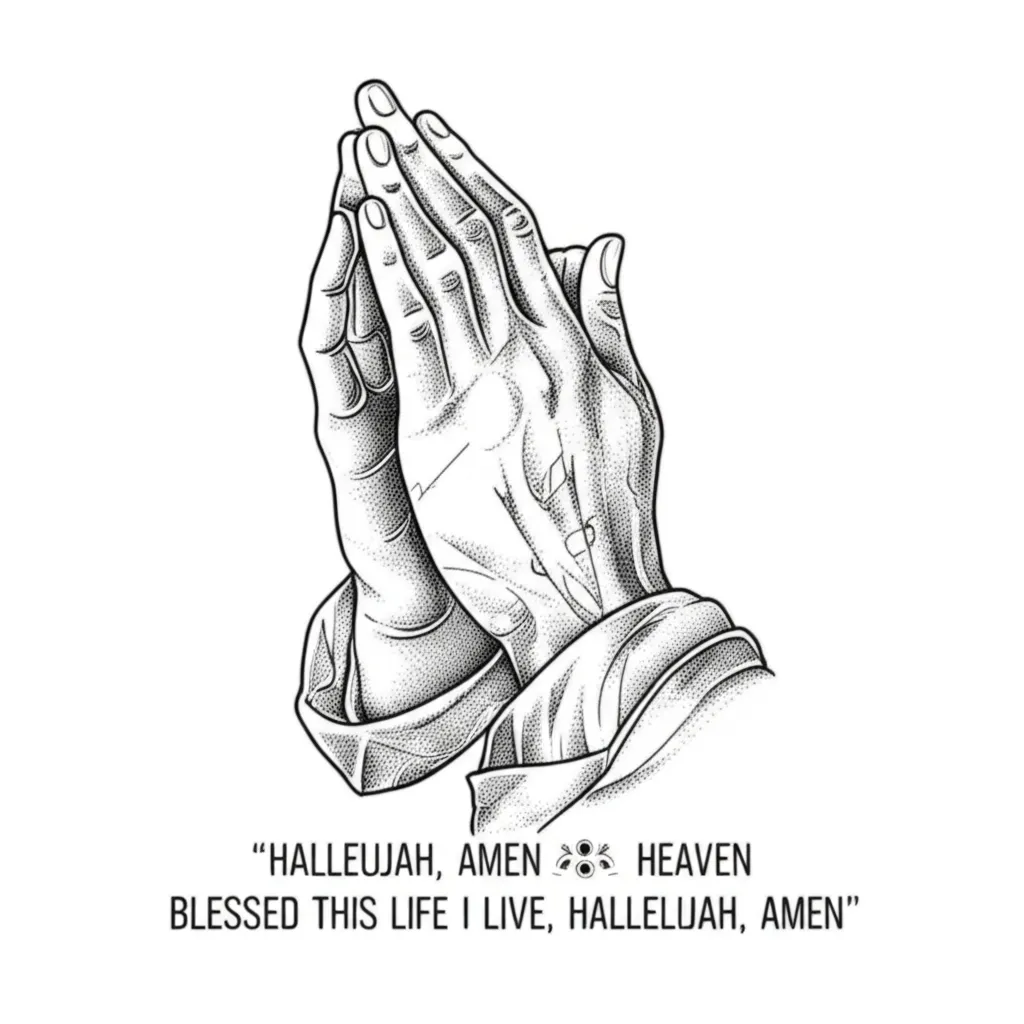 Praying Hands Tattoo with Hallelujah Lyrics - Fine Line Design Praying Hands Tattoo with Hallelujah Lyrics - Fine Line Design