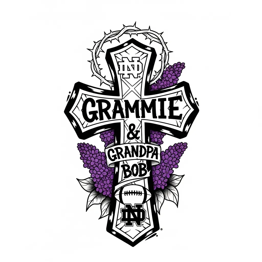 Grammie & Grandpa Bob Memorial Cross Tattoo with Lilacs & Notre Dame Logo