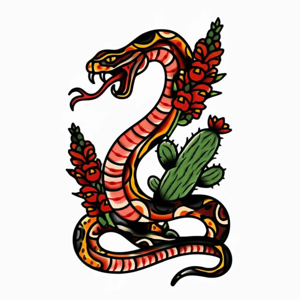 Traditional Snake Tattoo with Snapdragon Flowers and Cactus - Old School Style Traditional Snake Tattoo with Snapdragon Flowers and Cactus - Old School Style