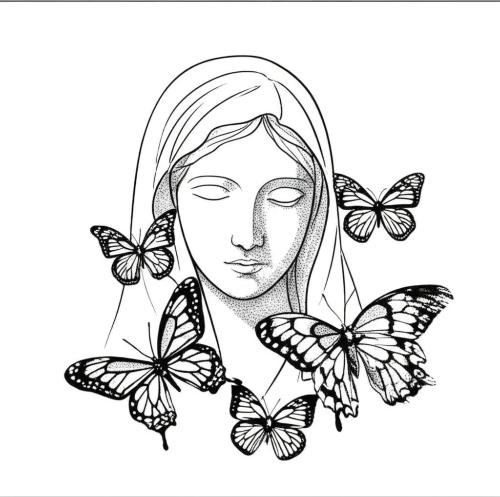 Fine Line Virgin Mary and Butterfly Tattoo Design