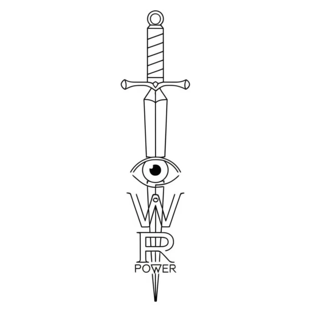 Word Power Minimalist Tattoo Design with Sword and Eye Word Power Minimalist Tattoo Design with Sword and Eye