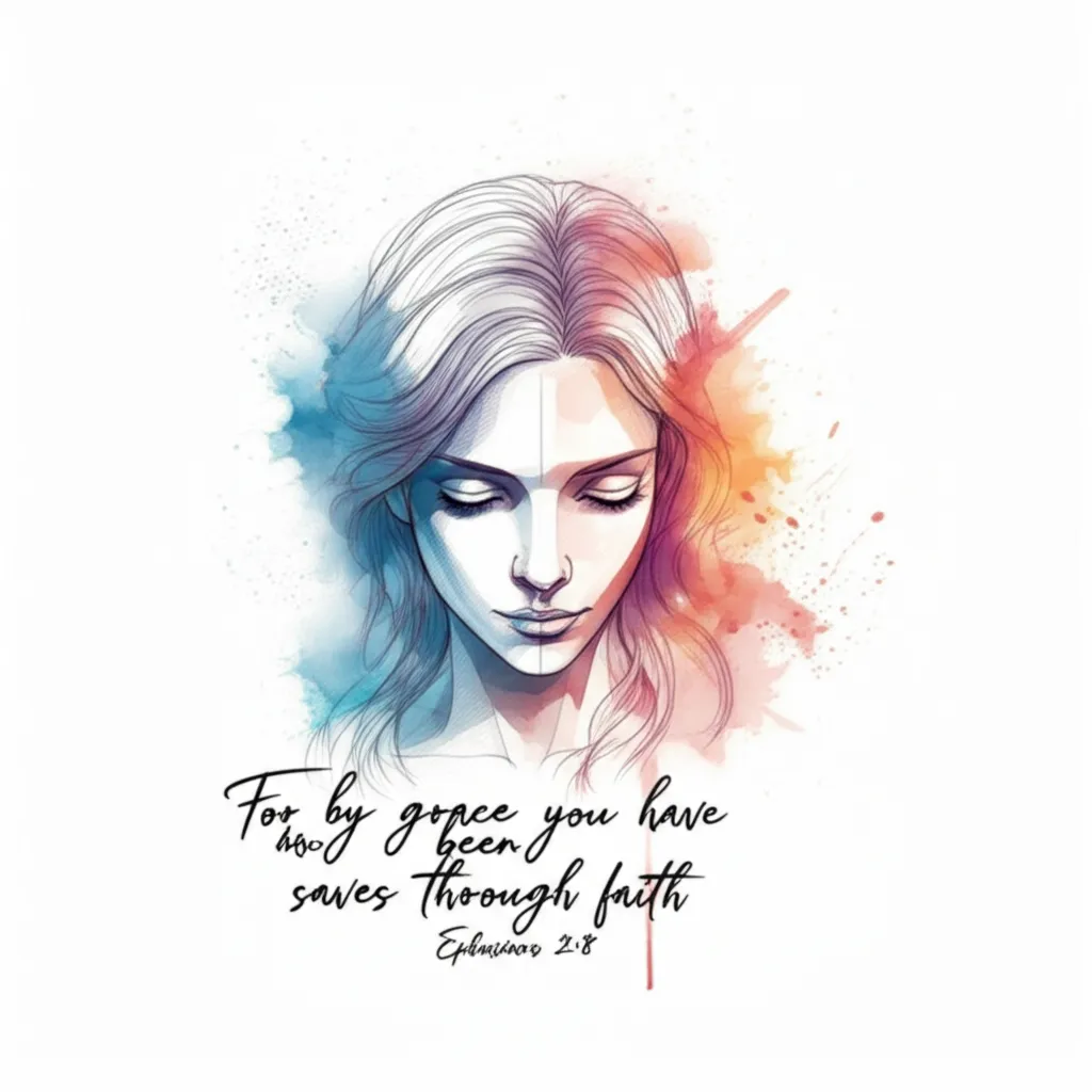 Watercolor Tattoo of Woman with Ephesians 2:8 Scripture Watercolor Tattoo of Woman with Ephesians 2:8 Scripture