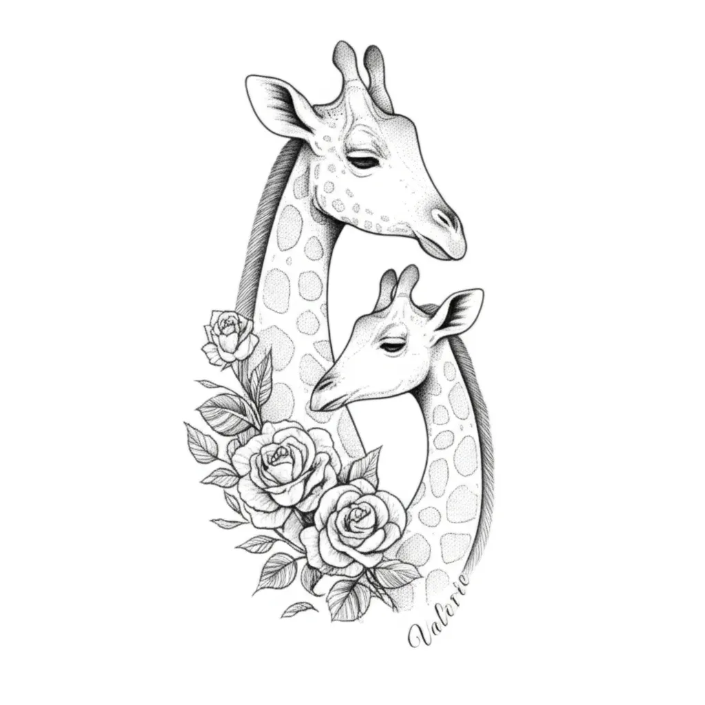 Mother Daughter Giraffe Tattoo with Roses and Valerie Name