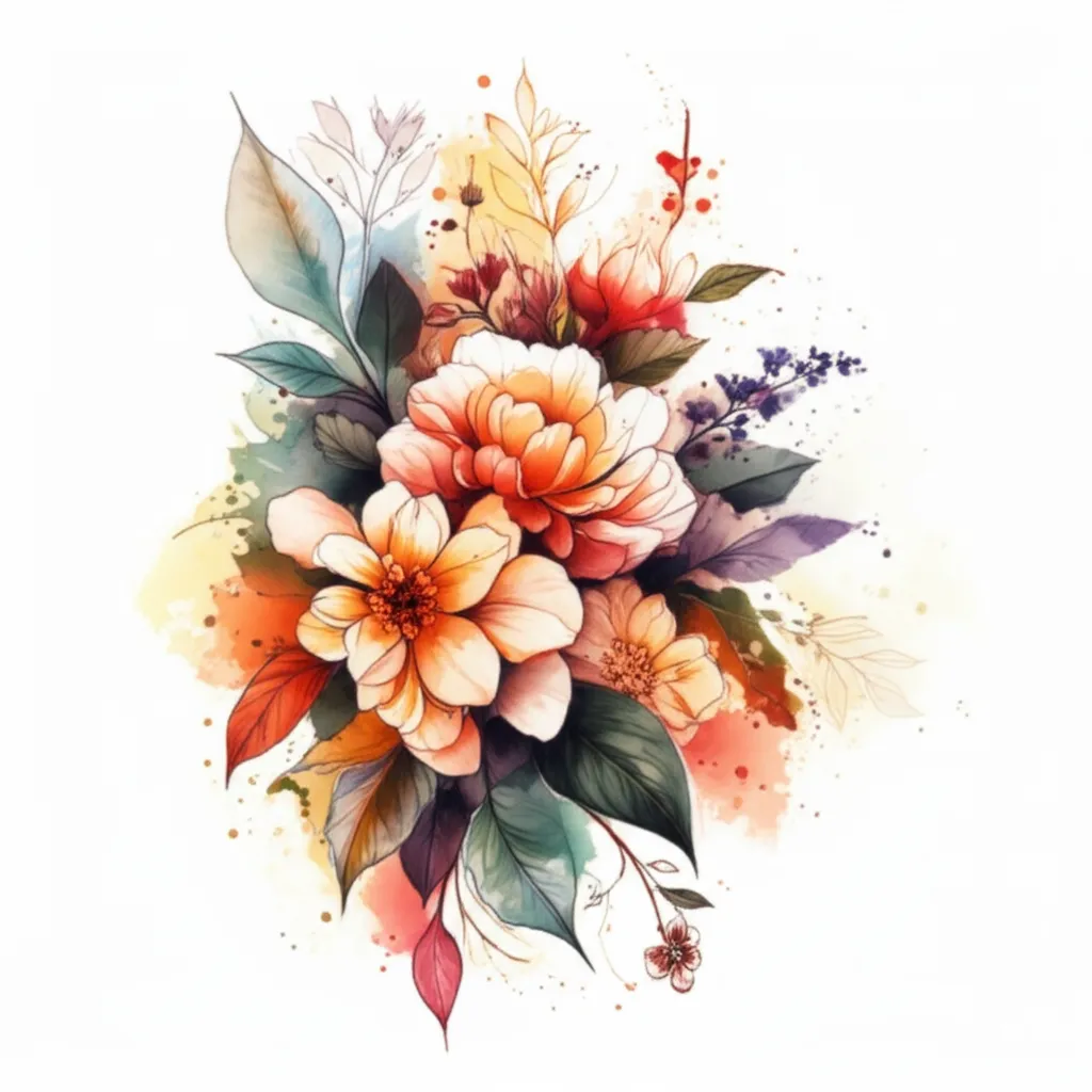 Watercolor Floral Half Sleeve Tattoo with Marigolds and Autumn Leaves Watercolor Floral Half Sleeve Tattoo with Marigolds and Autumn Leaves