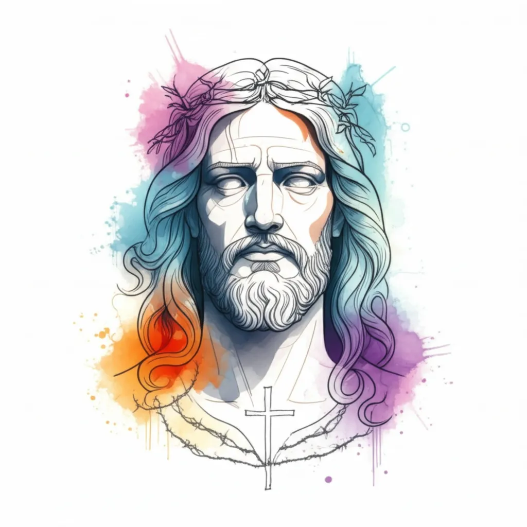 Watercolor Jesus, Lion, Cross & Barbed Wire Tattoo Design Watercolor Jesus, Lion, Cross & Barbed Wire Tattoo Design