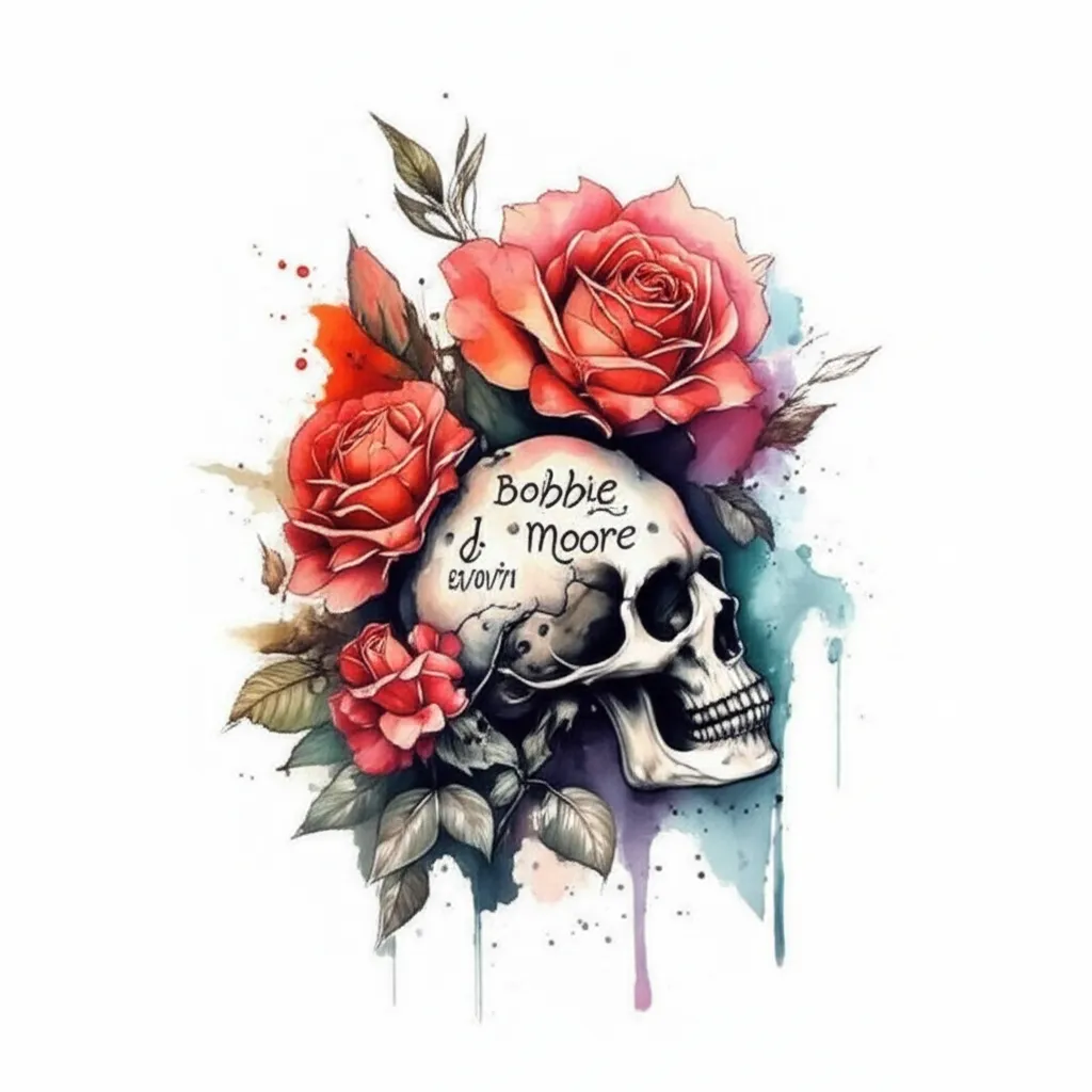 Watercolor Rose and Skull Tattoo with Name Bobbie j. Moore