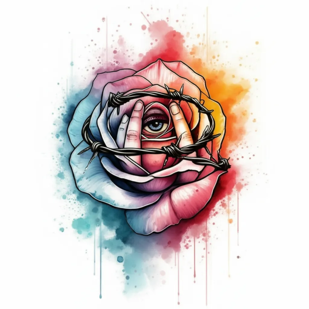 Watercolor Barbed Wire Rose Tattoo with Eye and Fingers Watercolor Barbed Wire Rose Tattoo with Eye and Fingers