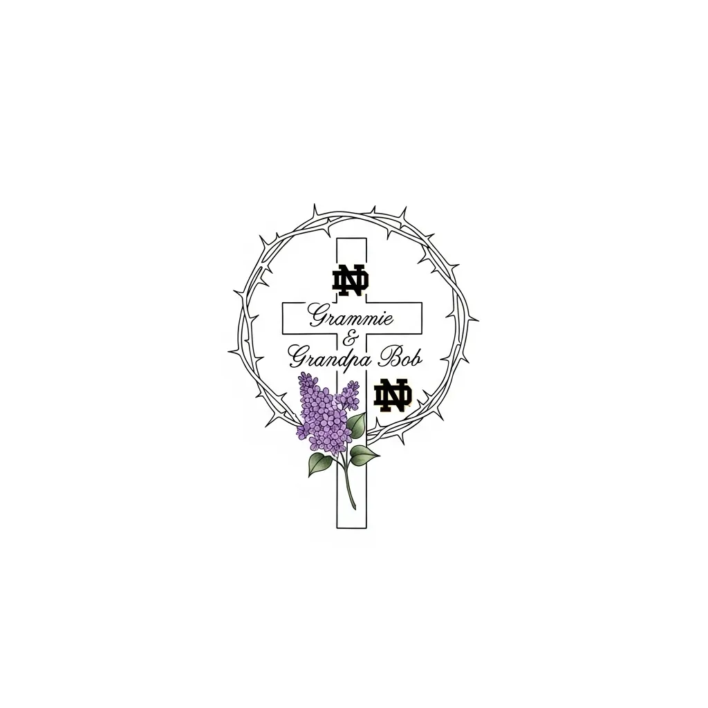 Minimalist Cross Tattoo with Lilacs, Names, and Notre Dame Logo