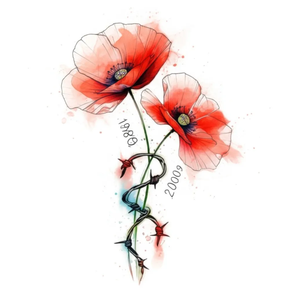 Watercolor Poppy Flower Tattoo with Barbed Wire and Dates Watercolor Poppy Flower Tattoo with Barbed Wire and Dates