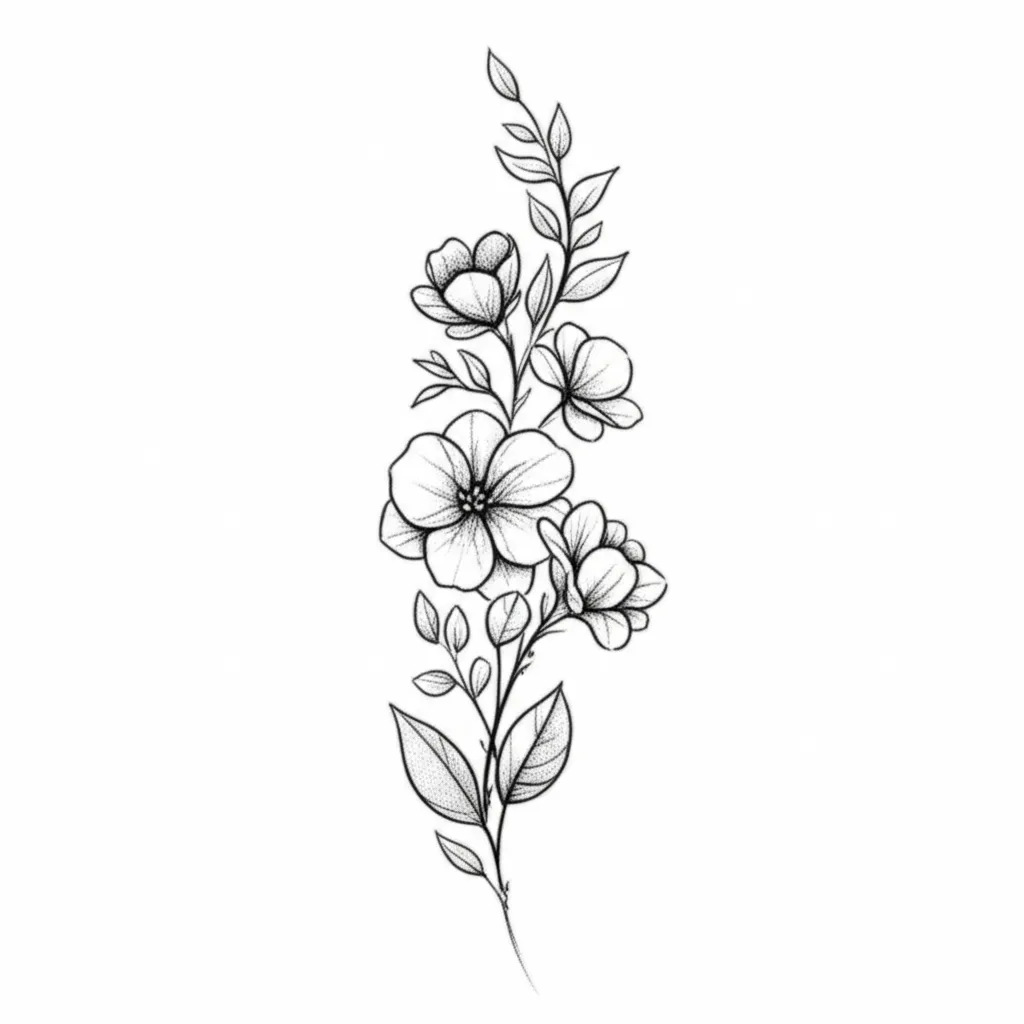 Spine Tattoo Design with Birth Flowers: February, March, August, October - Fine Line Style Spine Tattoo Design with Birth Flowers: February, March, August, October - Fine Line Style