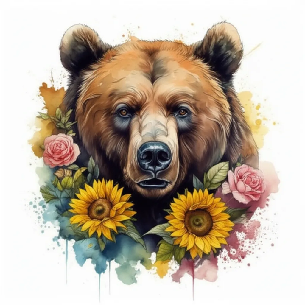 Watercolor Bear Tattoo with Sunflowers and Roses