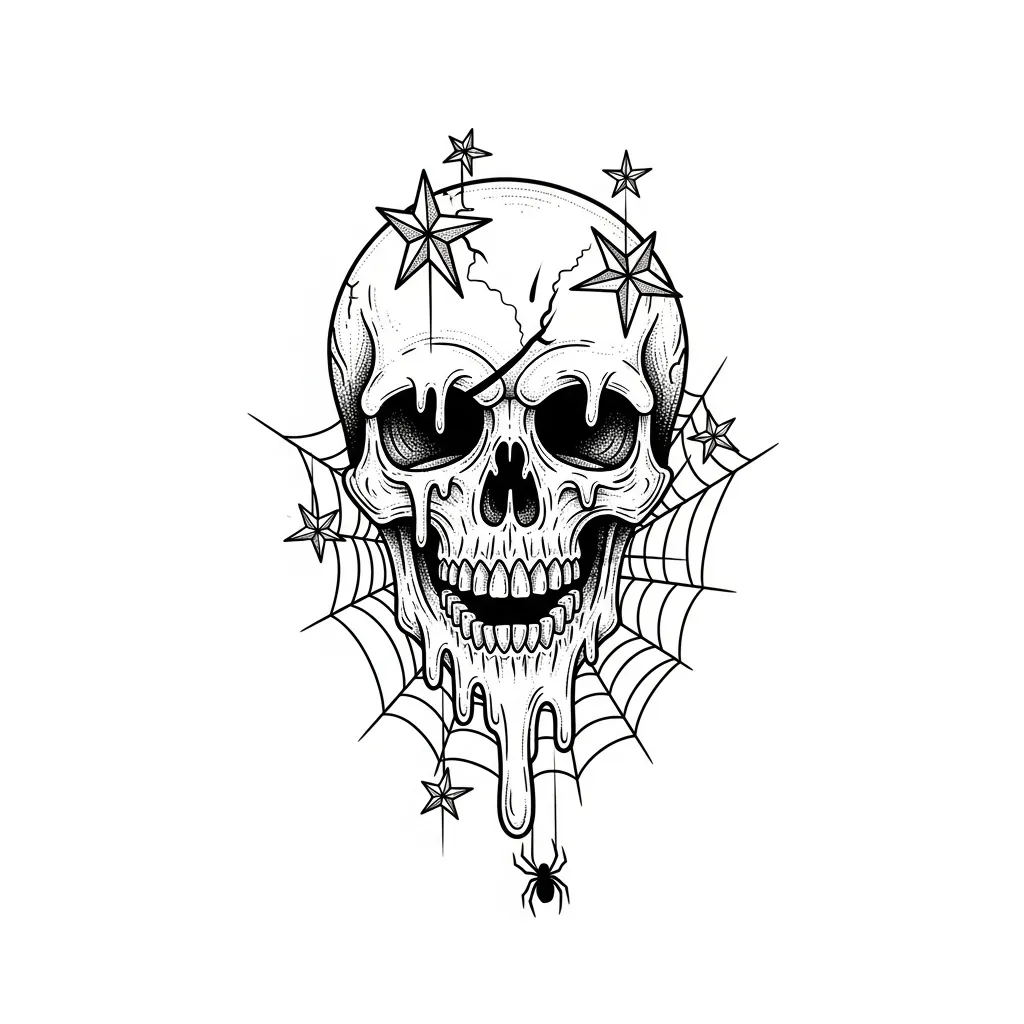 Melting Skull with Stars and Spiderweb Blackwork Tattoo