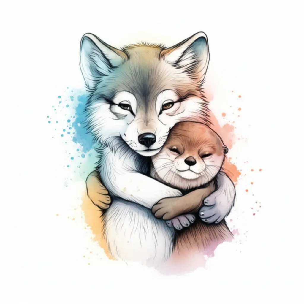 Cute Watercolor Wolf and Otter Hugging Tattoo Idea Cute Watercolor Wolf and Otter Hugging Tattoo Idea
