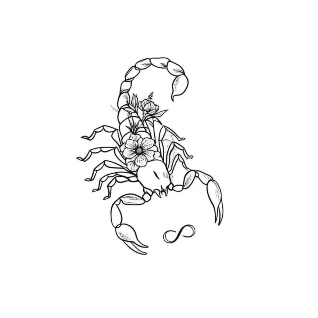 Minimalist Scorpion Tattoo with Flowers and Infinity Heart Minimalist Scorpion Tattoo with Flowers and Infinity Heart