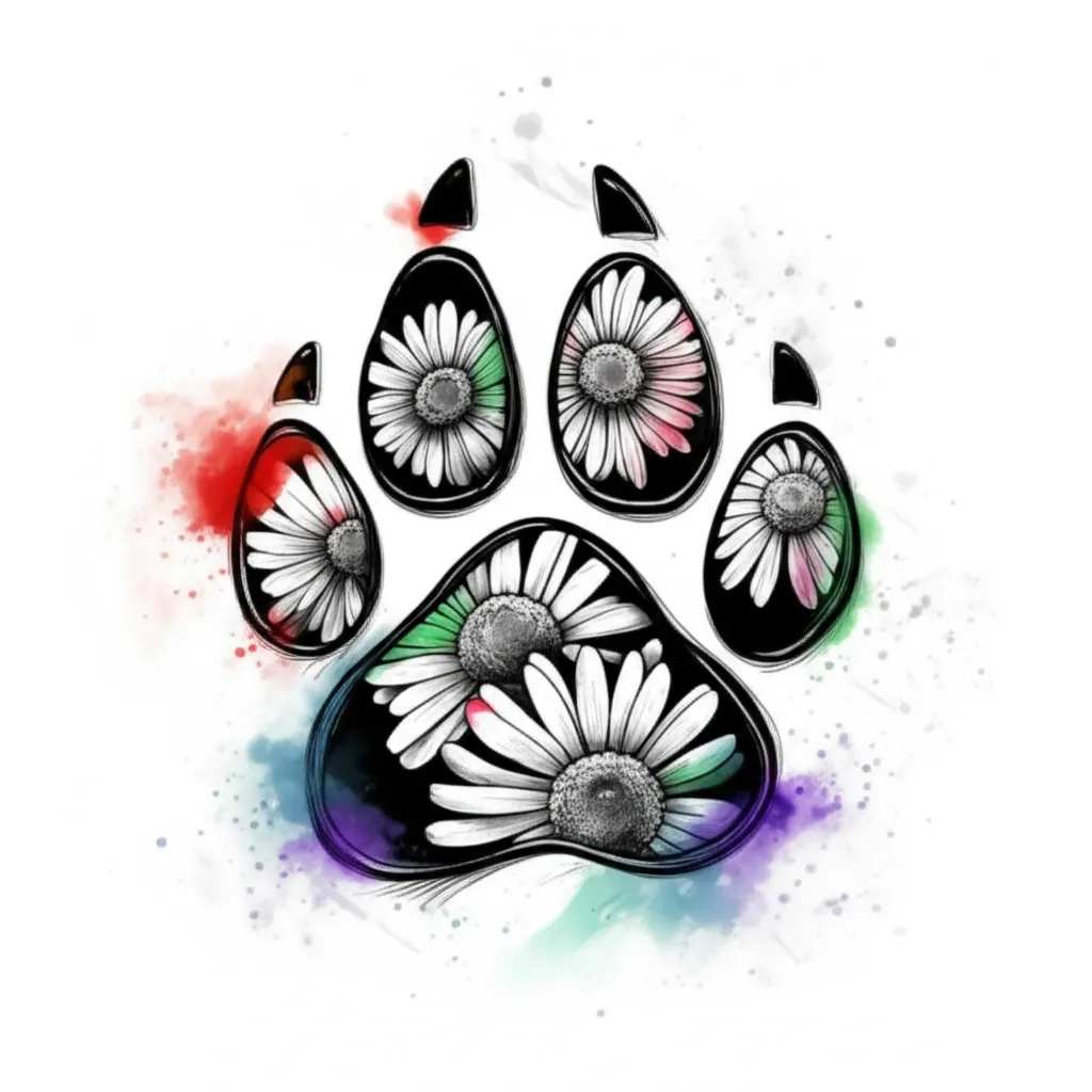 Paw Print with Daisies Watercolor Tattoo Design