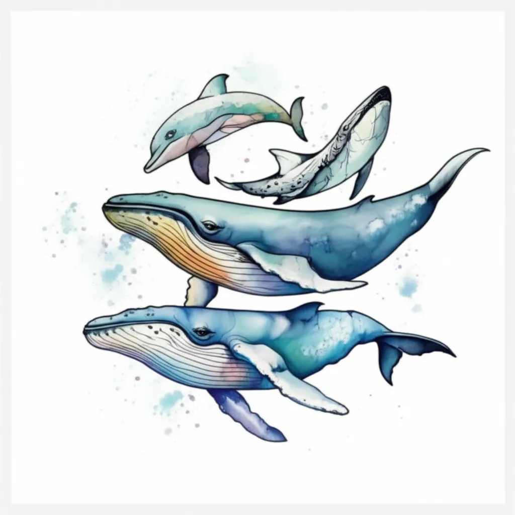 Watercolor Ocean Life Back Tattoo: Dolphin, Shark, and Humpback Whale Watercolor Ocean Life Back Tattoo: Dolphin, Shark, and Humpback Whale
