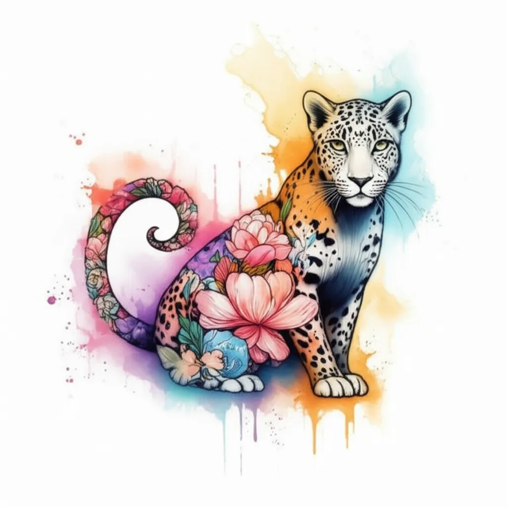 Watercolor Leopard Tattoo with Floral Design for Arm Watercolor Leopard Tattoo with Floral Design for Arm