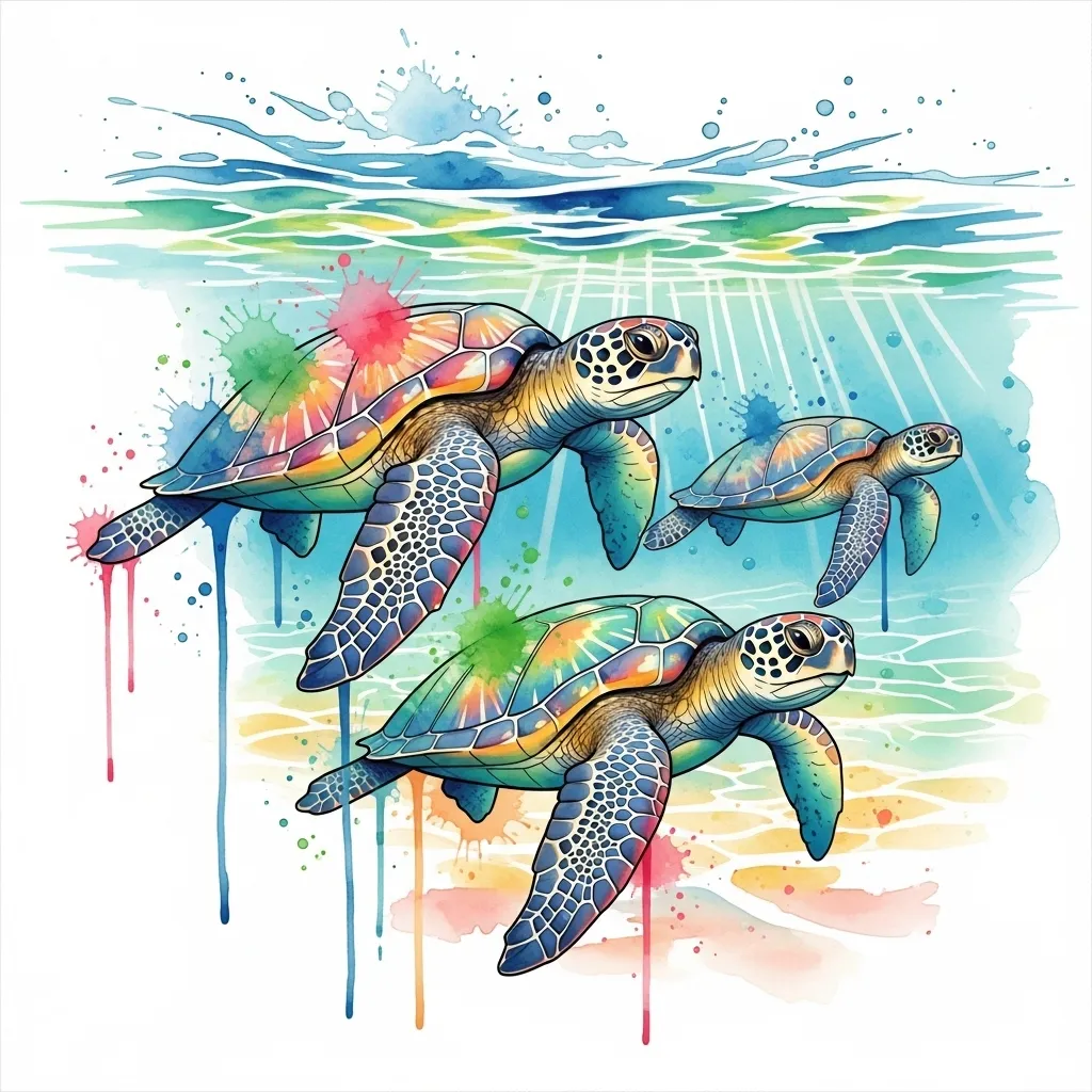 Watercolor Sea Turtle Tattoo: 3 Turtles in a Row Design