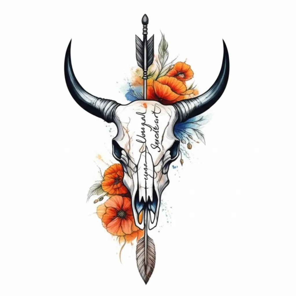 Fine Line Spine Tattoo with Bull Skull and Flowers
