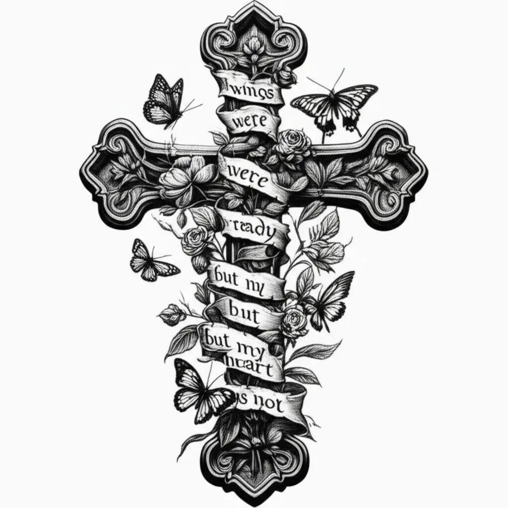 Cross Tattoo with Flowers, Butterflies, and Memorial Quote Cross Tattoo with Flowers, Butterflies, and Memorial Quote