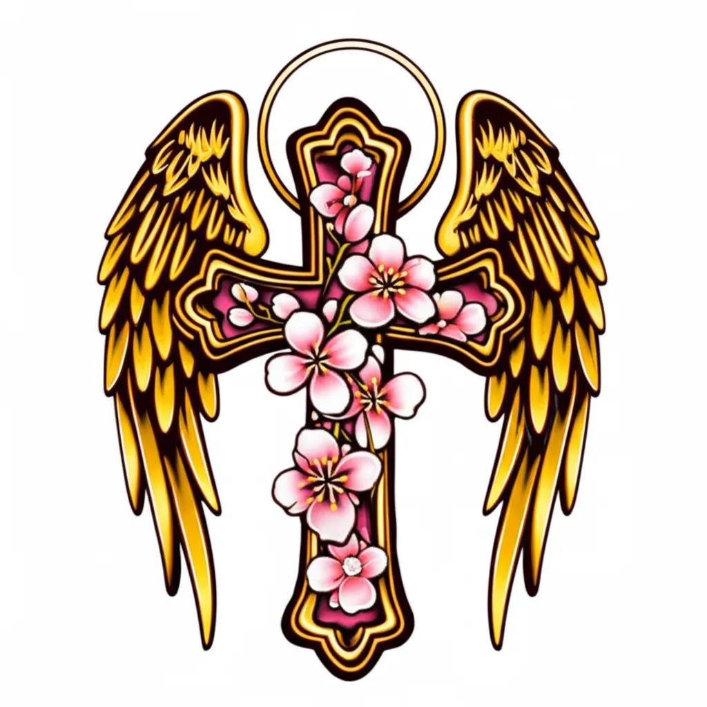 Neo-Traditional Cross Tattoo with Cherry Blossoms and Angel Wings Neo-Traditional Cross Tattoo with Cherry Blossoms and Angel Wings