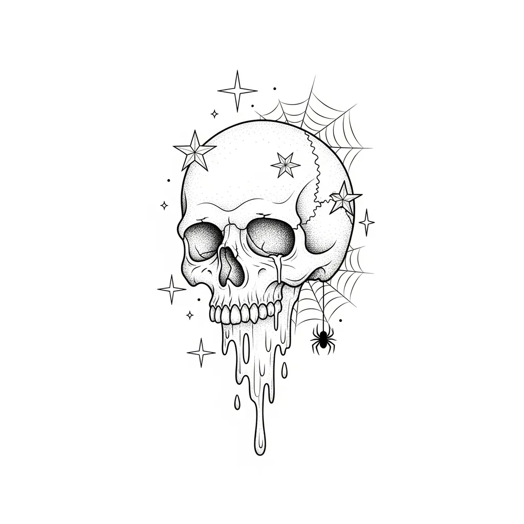 Melting Skull with Stars and Spiderweb Fine Line Tattoo