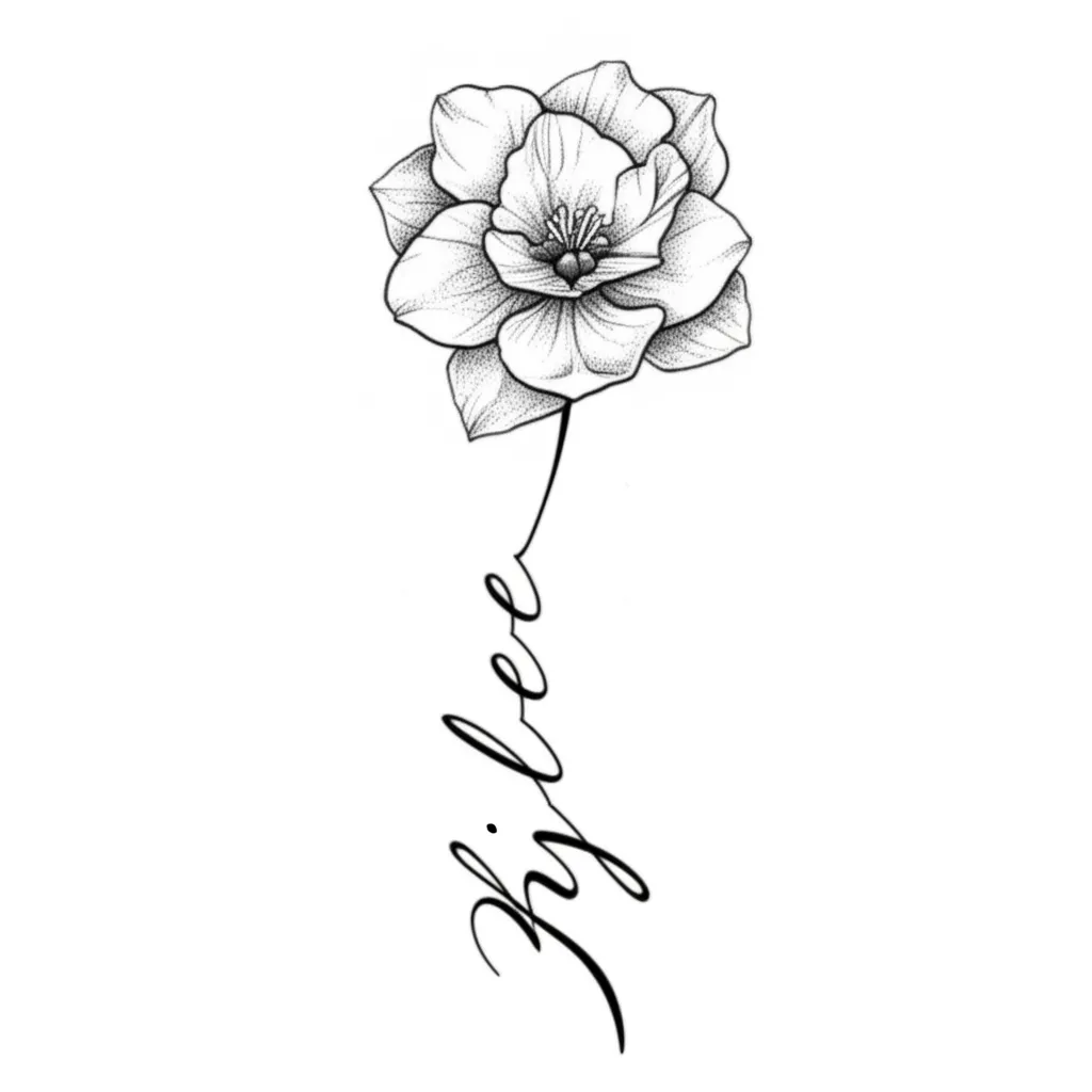 March Birth Flower Tattoo with Kylee Name Stem - Fine Line Design March Birth Flower Tattoo with Kylee Name Stem - Fine Line Design