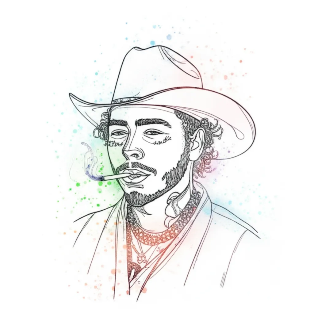 Post Malone Watercolor Tattoo with Cowboy Hat