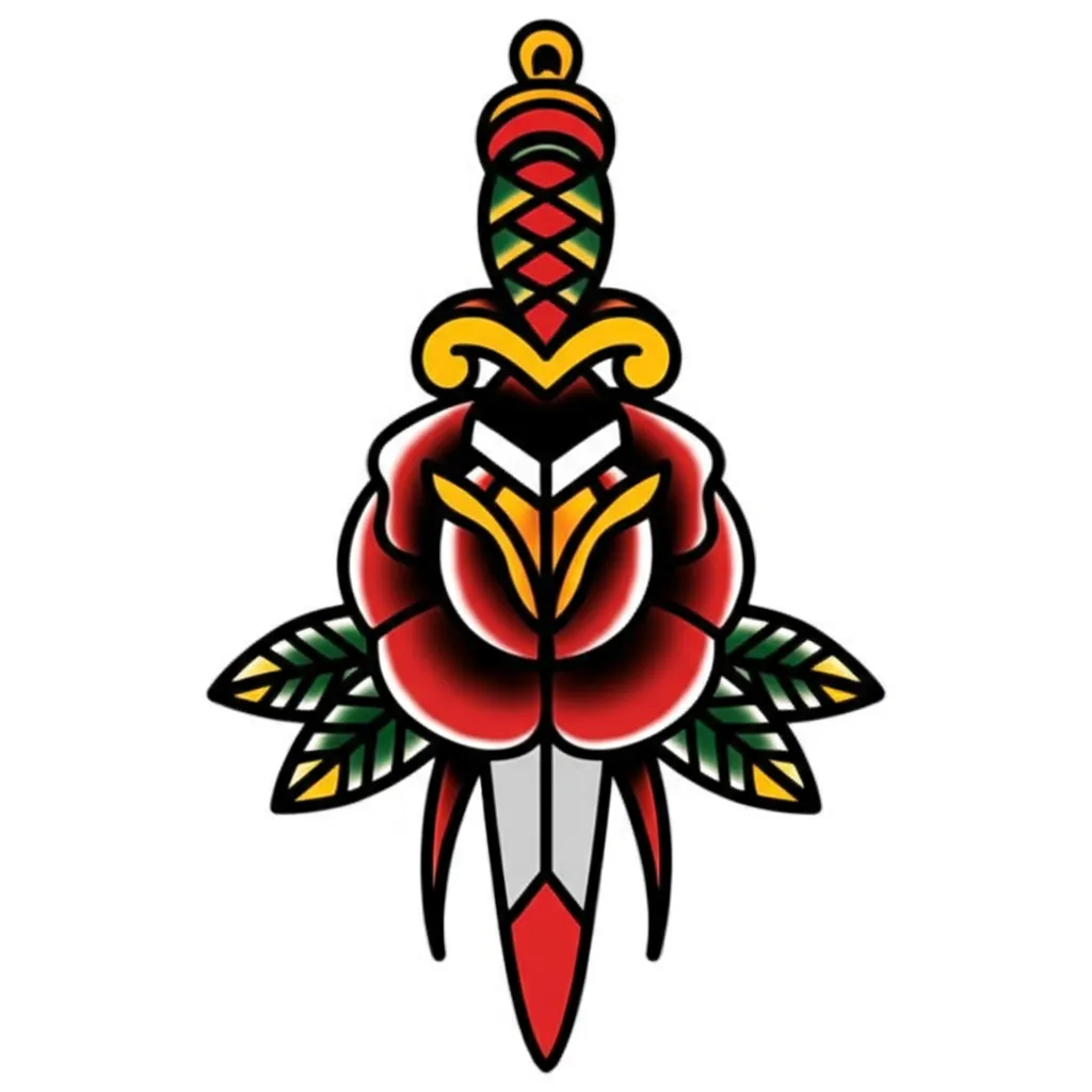 American Traditional Rose and Dagger Tattoo Design