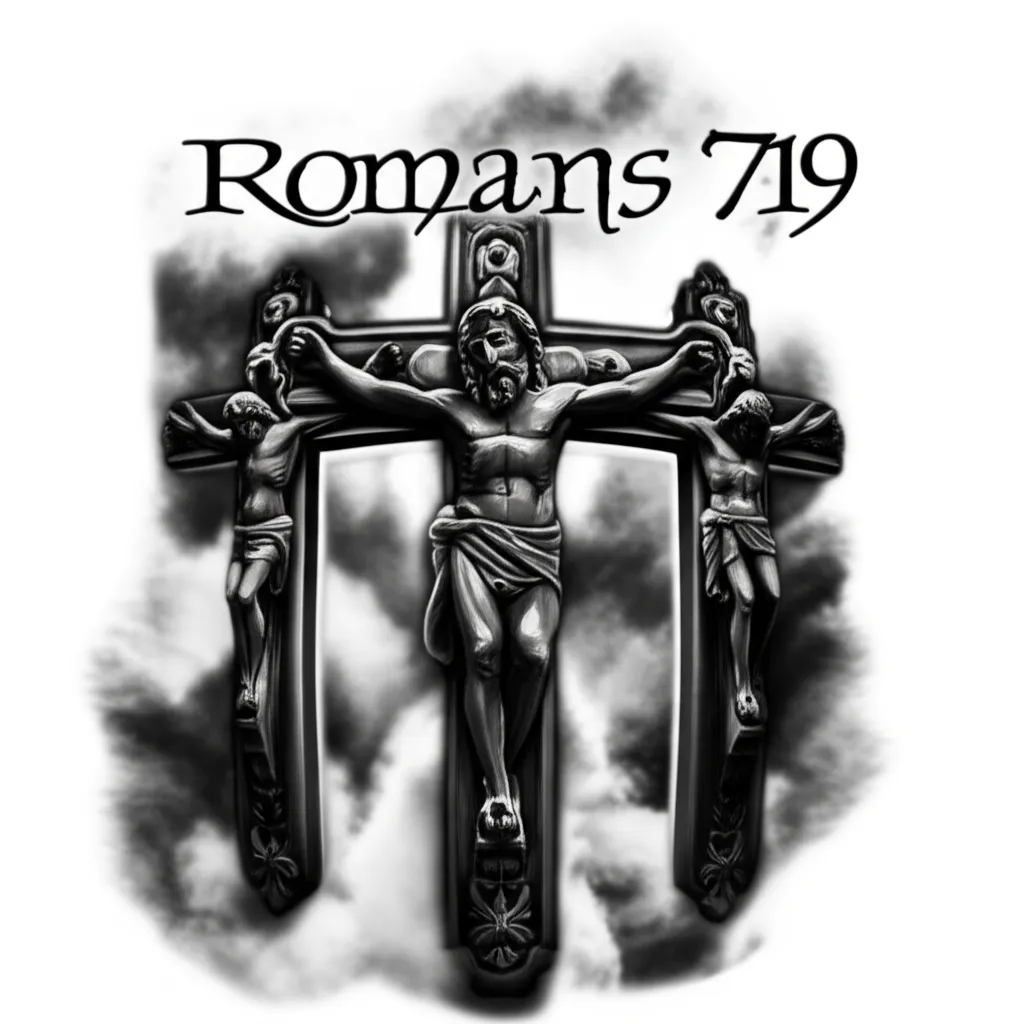 Romans 7:19 Bible Verse with Three Crosses Realism Tattoo