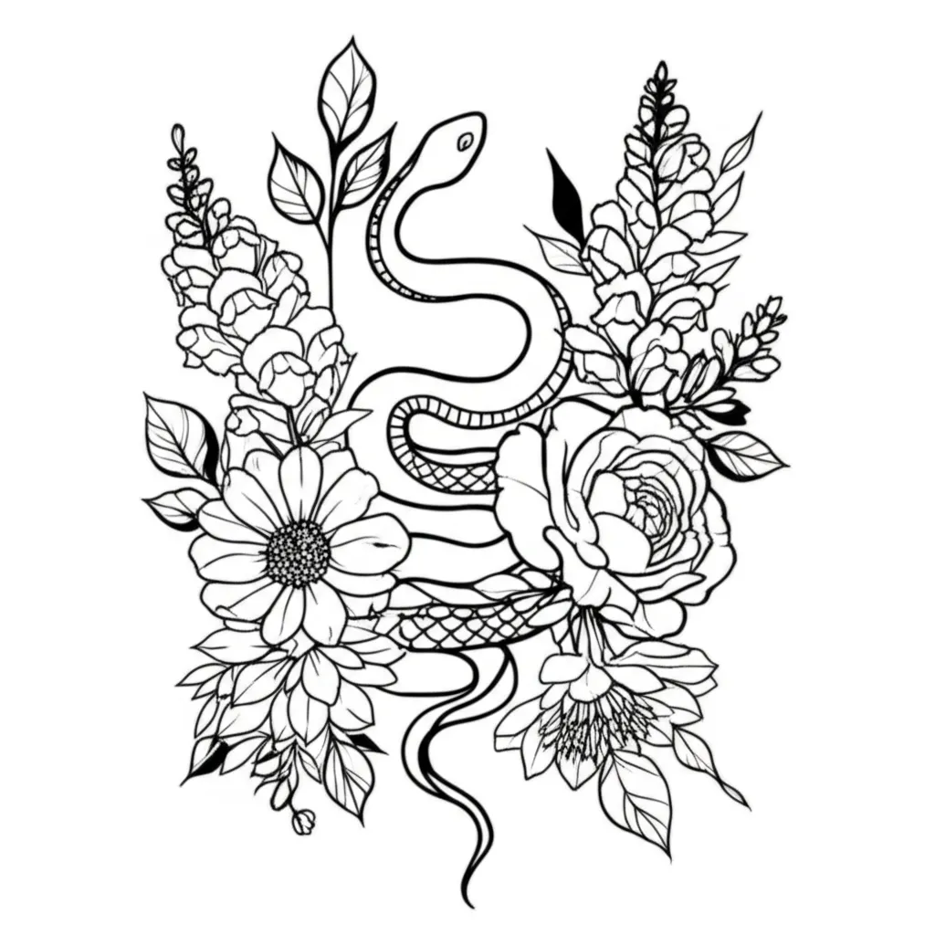 Minimalist Snake Tattoo with Flowers: Snap Dragon, Water Lily, Grazania, and Rose Minimalist Snake Tattoo with Flowers: Snap Dragon, Water Lily, Grazania, and Rose