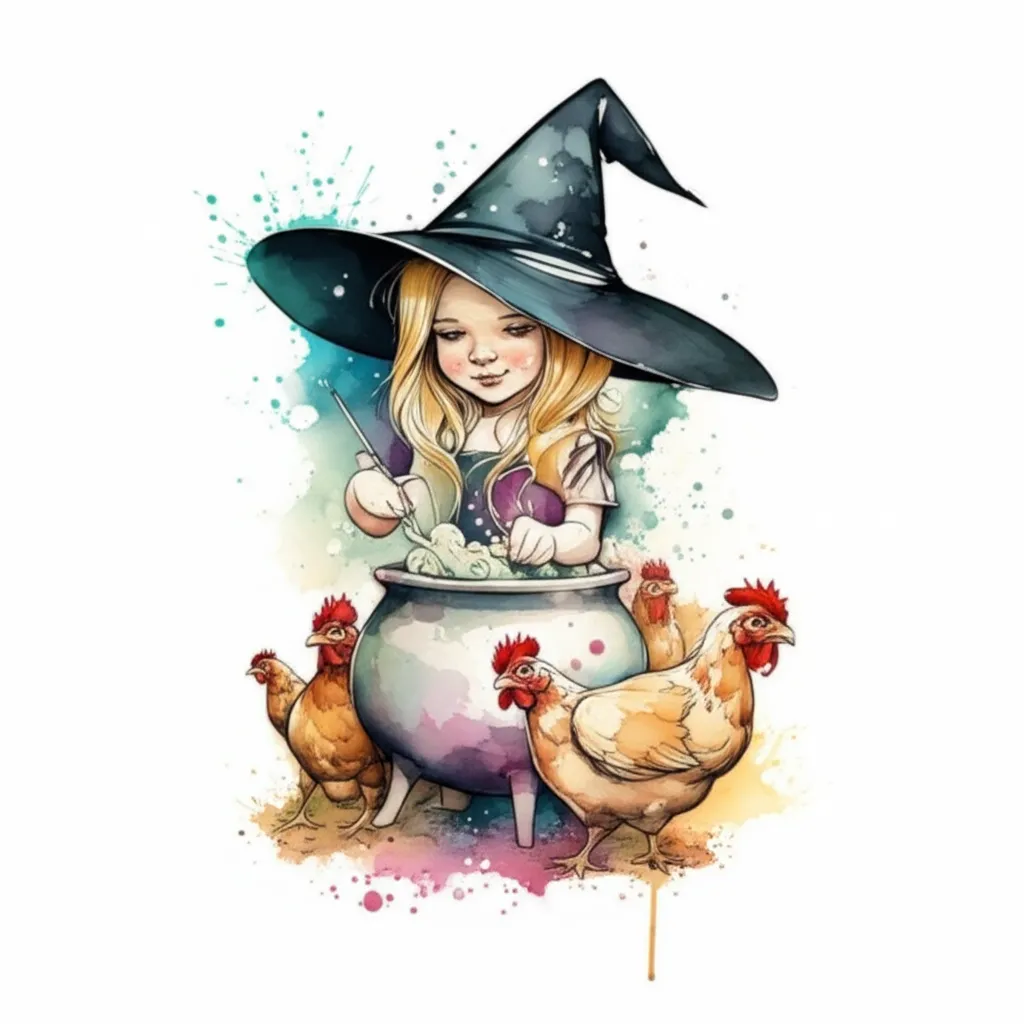 Watercolor Little Witch Tattoo Design with Cauldron and Chickens Watercolor Little Witch Tattoo Design with Cauldron and Chickens
