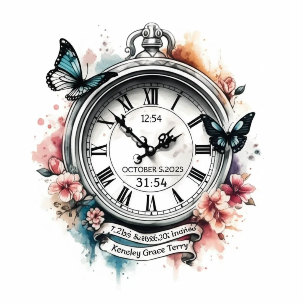 Kensley Grace Terry Birth Stats Tattoo: Clock, Flowers, and Butterflies